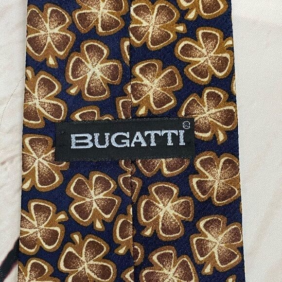 Bugatti Navy Blue Brown Clover 100% Silk tie - Picture 4 of 6